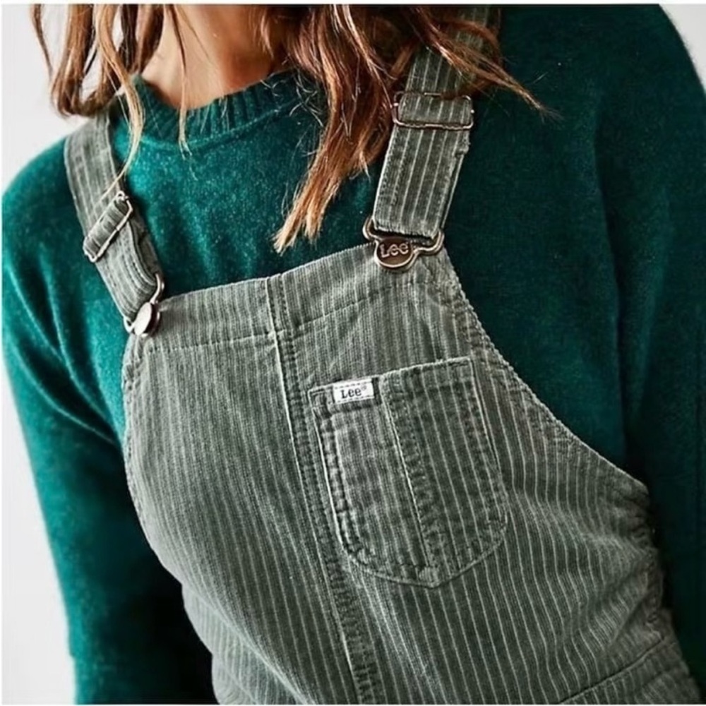 FREE PEOPLE x LEE Vintage Corduroy Flare Overalls in Greyed Olive - Picture 2 of 14